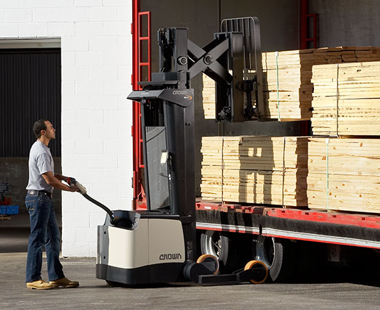 Operator maneuvers a SH/SHR/SHC Series walkie pallet reach stacker